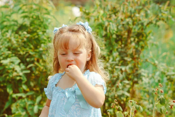 夏の庭でスグリを食べる女の子 — ストック写真