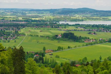 Neuschwanstein kalesi ve Hohenschwangau kalesi yakınlarındaki Alp ormanları. Bahar zamanı Bavyera Alpleri, Tegelberg Dağı.