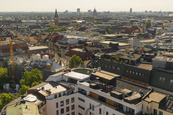 22 May 2019 Munich, Germany - panoramic view of Munich from Peterskirche tower (St. Peter`s Church)