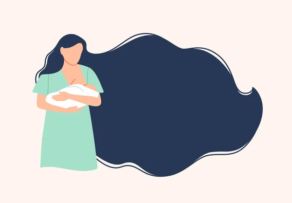 Borstvoeding baby achtergrond. Mooie jonge moeder borstvoeding zogen met moedermelk. Gezond voeding banner concept. Lang haar, blanke moeder. Moederschap hechting platte vector illustratie. — Stockvector