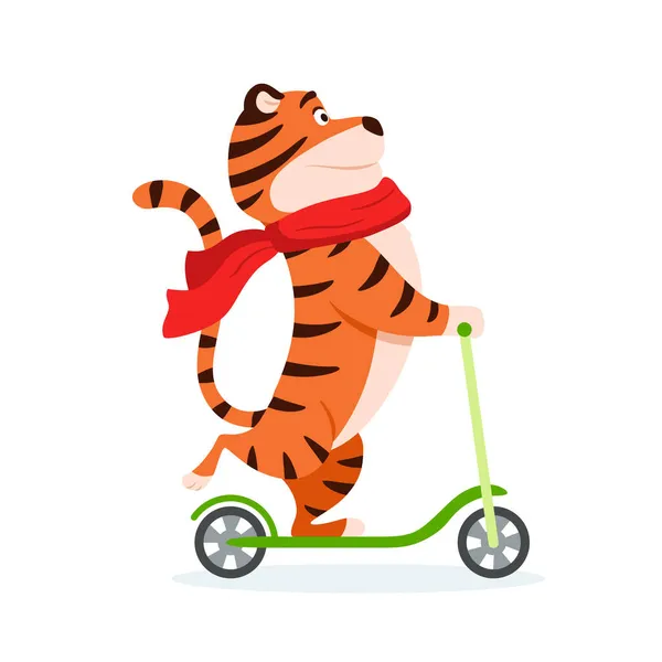 Boldog rajzfilm tigris piros sálban lovagol egy rúgás robogó. Nyaralás vad macska elszigetelt fehér háttér. Imádnivaló narancssárga csíkos karakter Mosolygó kínai újév 2022 szimbólum. Állatvektor-illusztráció — Stock Vector