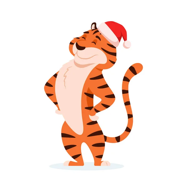 Flache lustige gestreifte Tiger in Weihnachtsmütze isoliert auf weißem Hintergrund. Niedliche glückliche freudige Wildkatze. Chinesisches Neujahrssymbol 2022. Urlaub stehend lächelnd fröhlich Tier Charakter Vektor Illustration. Stockillustration
