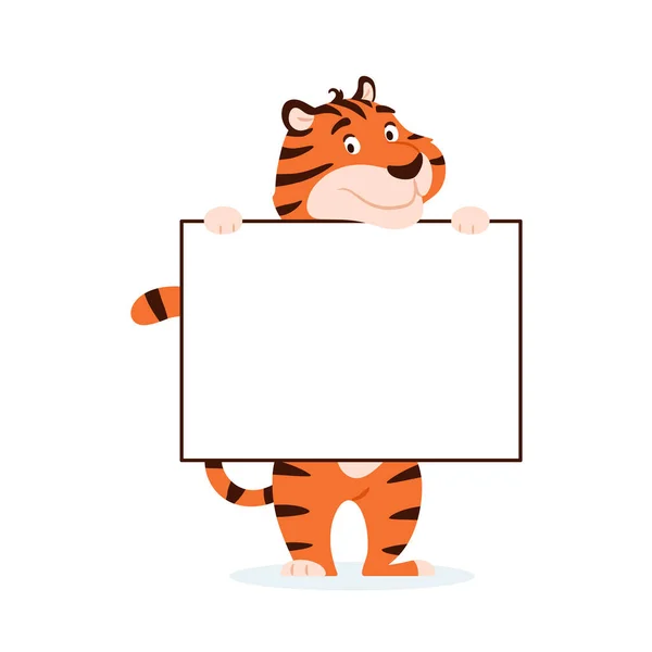 Lindo tigre de dibujos animados con pancarta, espacio de texto en blanco aislado sobre fondo blanco. Adorable feliz día de fiesta rayas gato salvaje con marco de cartel. Sonriente Año Nuevo Chino 2022 símbolo Animal vector ilustración — Vector de stock