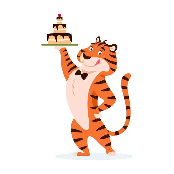 Dibujos animados tigre lamiendo adorable con pastel de vacaciones aislado sobre fondo blanco. Lindo gato salvaje feliz con sabrosa galleta de chocolate de cumpleaños decorado. Alegre ilustración de vectores de caracteres rayados. — Vector de stock