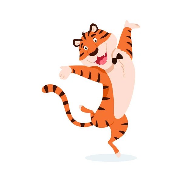 Lapos imádnivaló tigris elszigetelt fehér háttérrel. Aranyos boldog vidám vadmacska. Új év 2022 kínai szimbólum. Nyaralás álló csíkos vidám karakter vektor illusztráció. — Stock Vector