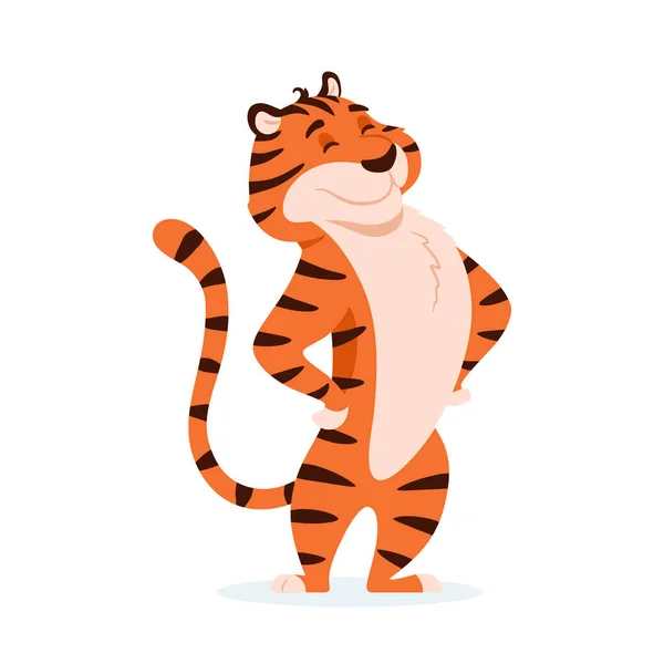 Tigre rayé sourire heureux plat isolé sur fond blanc. Mignon drôle joyeux chat sauvage. Nouvel An 2022 symbole chinois. Vacances debout souriant joyeux animal personnage vectoriel illustration. — Image vectorielle