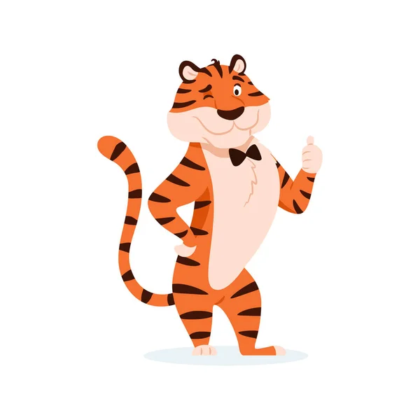 Lindo Tigre Guiño Dibujos Animados Con Pulgar Hacia Arriba Signo — Vector de stock