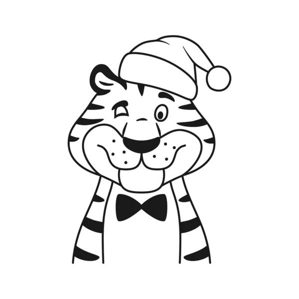 Black and white line winking tiger portrait isolated coloring page. Cartoon striped happy character in Santa hat. Adorable outline New Year symbol. Christmas holiday sketch wildcat vector illustration — Stock Vector