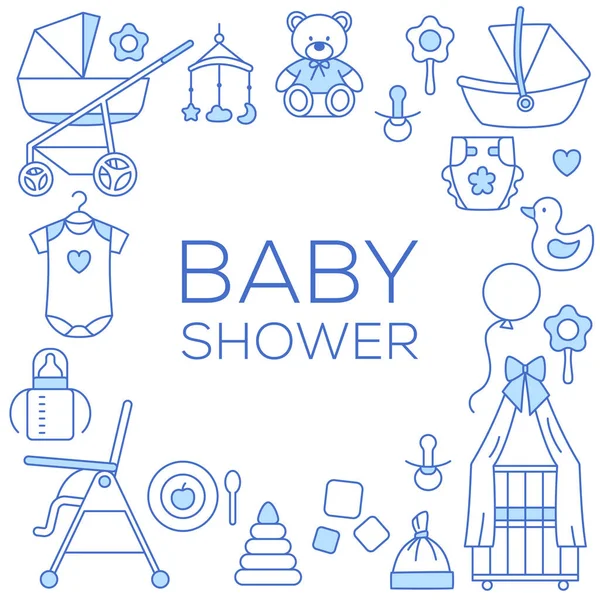 Babydusche Einladung dünne Linie Kartendesign. Schöner Rahmen mit Dekorationselementen für Neugeborene. Liebenswertes Spielzeug, Luftballons, Kleidung. Umriss Baby-Hintergrund mit Text-Leerzeichen-Vektor-Illustration. Vektorgrafiken