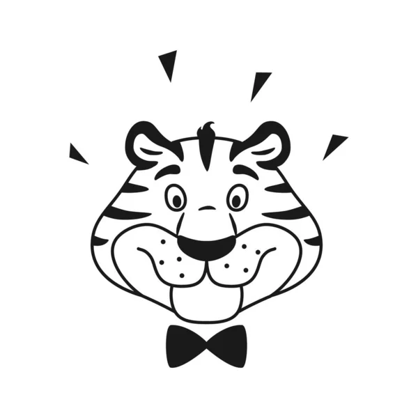 Fekete-fehér vonal mosolygó tigris fej. Aranyos rajzfilm állat karakter portré elszigetelt fehér háttér. Kínai újév lineáris szimbólum. Üdülési vázlat vektor illusztráció gyerekeknek színező oldal — Stock Vector