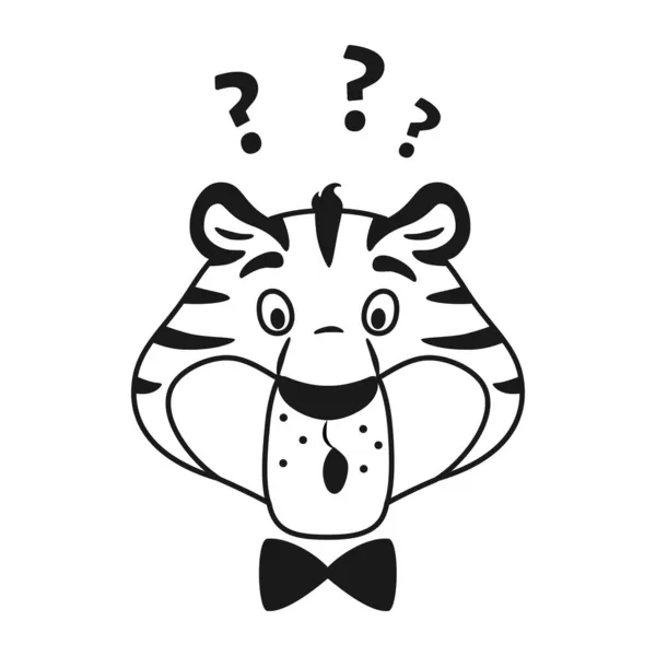 Blanco y negro sorprendió retrato divertido tigre aislado sobre fondo blanco. Caricatura de ojos abiertos a rayas contorno personaje felino. Adorable símbolo de Año Nuevo para colorear página para niños vector ilustración — Vector de stock
