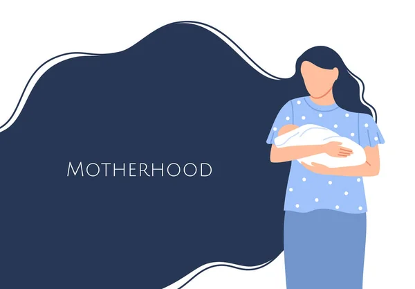 Mutter mit ihrem neugeborenen Baby Hintergrund Design mit leerem Textfeld. Entzückend glückliche flache Familienmutter mit langen Haaren und Kind zusammen. Banner, Einladung Grußkarte Dekoration Vektor Illustration. — Stockvektor