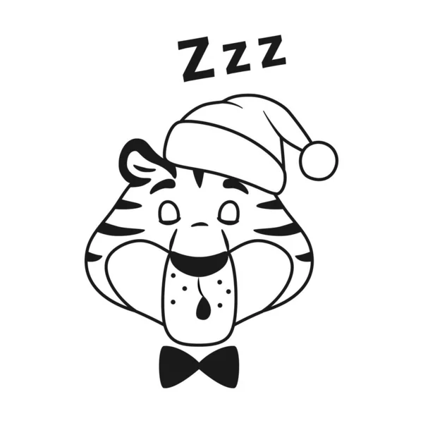 Black and white outline napping funny tiger head in Santa hat isolated on white background. Adorable sleeping cartoon striped line character face. Cute Chinese New Year symbol vector illustration. — Stock Vector