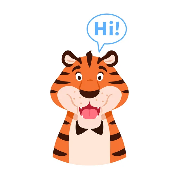 Плоский говорящий улыбающийся портрет тигра на белом фоне. Милый очаровательный мультяшный дикий кот передаёт привет. Китайский символ Нового 2022 года. Праздничная оранжевая полосатая иллюстрация. — стоковый вектор