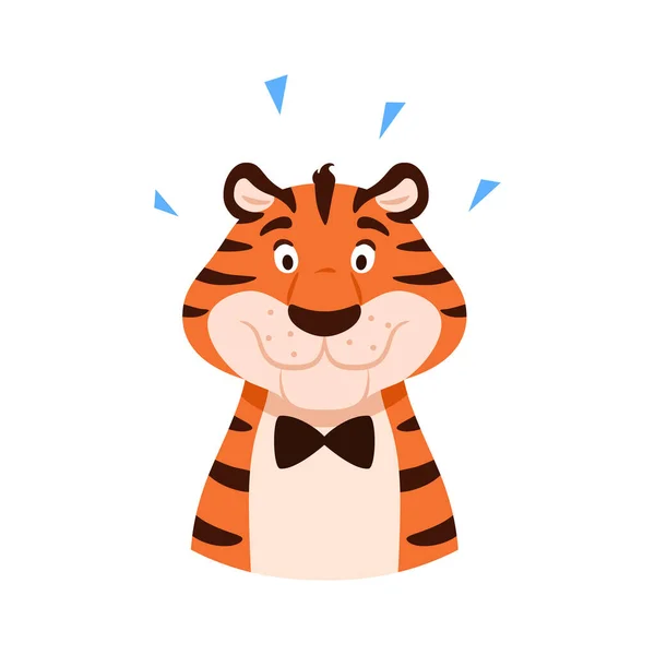 Lindo retrato de tigre plano feliz aislado sobre fondo blanco. Cara de personaje sonriente de dibujos animados. Símbolo chino de Año Nuevo. Cómico adorable rayas gato salvaje africano. Animal niños vector ilustración. — Archivo Imágenes Vectoriales