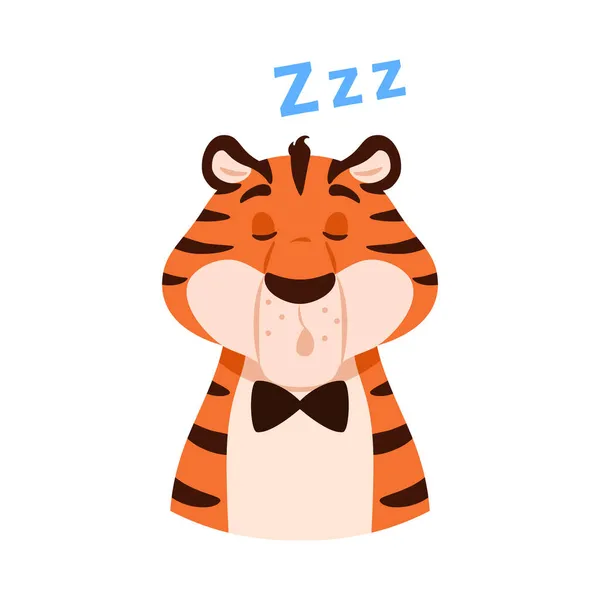 Napping cartoon funny tiger portrait isolated on white background. Adorable sleeping striped color wild cat character. Cute Chinese New Year symbol face. Predatory animal flat vector illustration. — Stock Vector