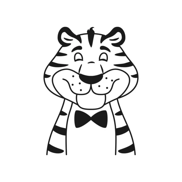 Schattig vrolijk zwart-wit omtrek tijgerportret geïsoleerd op witte achtergrond. Lijn schattig glimlachend karakter gezicht. Tekening voor kinderen printen online. Stripgestreepte wilde kat. Tekening vector illustratie. — Stockvector