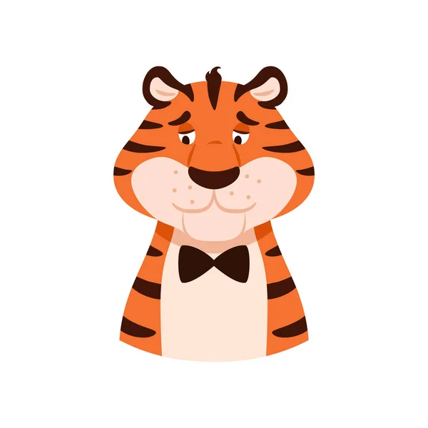 Lapos szomorú csíkos tigris portré elszigetelt fehér háttérrel. Aranyos vicces, boldogtalan vadmacska fej. Új év 2022 kínai szimbólum. Ünnepi zaklatott állat karakter vektor illusztráció. — Stock Vector