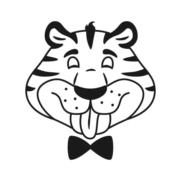 Een striptease tijgerkop plagen. Zwart-wit omtrek voor kinderen printen online. Wilde kat toont tongportret geïsoleerd op witte achtergrond. Gelukkig lachend dier. Lijnvector illustratie. — Stockvector