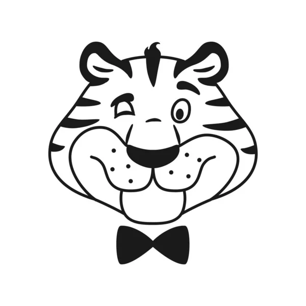 Черно-белый контур подмигивает тигру на странице раскраски лица. Карикатурный портрет счастливого персонажа. Очаровательная линия дикой кошки. Векторный рисунок головы дикой кошки. — стоковый вектор