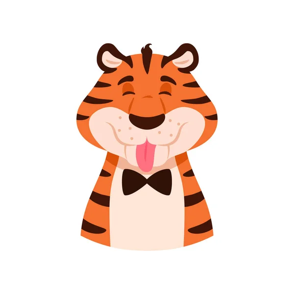 Drażniący wesoły kreskówkowy tygrys pokazuje portret językowy odizolowany na białym tle. Szczęśliwa zabawna uśmiechnięta, płaska głowa dzikiego kota w paski. Adorable pomarańczowy dziki kot zwierzę maskotka charakter wektor ilustracja — Wektor stockowy