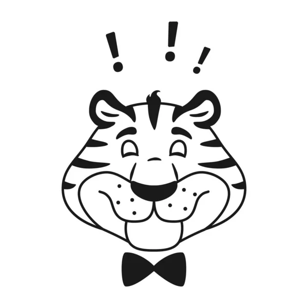 Zwart-wit omtrek lachende tijgerkop. Happy cartoon dier karakter portret geïsoleerd op witte achtergrond. Leuke gestreepte wilde kat gezicht. Vakantie lijn vector illustratie voor kinderen printen online. — Stockvector