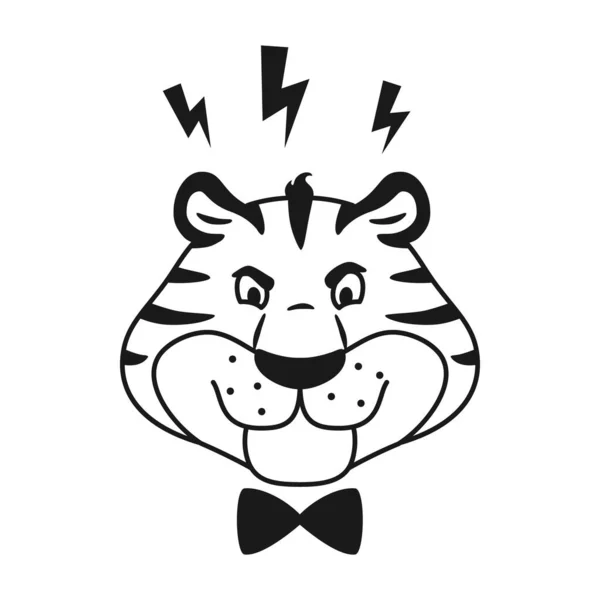 Aranyos dühös rajzfilm tigris fej elszigetelt fehér háttérrel. Fekete-fehér vázlat elégedetlen állati karakter arc színező oldal gyerekeknek. Csíkos vad macska vonal vektor illusztráció. — Stock Vector