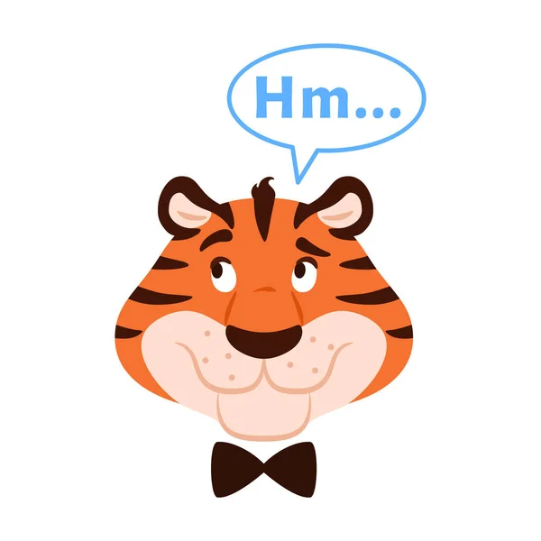 Plano feliz sorrindo pensando cabeça de tigre listrado isolado em branco. Cara de gato selvagem laranja engraçado bonito. Caráter pensativo animal com ilustração vetorial de bolha de fala. —  Vetores de Stock