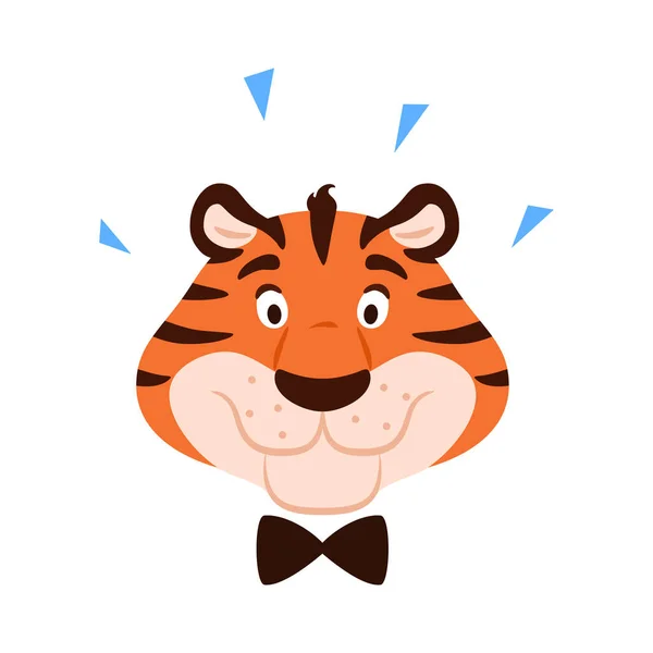 Aranyos boldog rajzfilm tigris portré elszigetelt fehér háttér. Lapos mosolygós karakterfej. Kínai újév szimbólum. Imádnivaló csíkos afrikai vadmacska. Állati kölykök vektor illusztráció. — Stock Vector