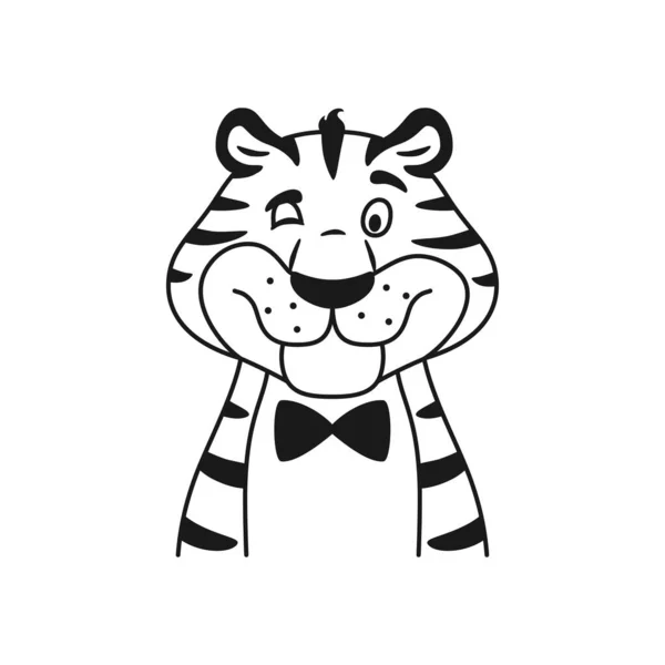 Página para colorear retrato de tigre guiño contorno blanco y negro. Cara de personaje feliz historieta. Linea adorable gato salvaje. Bosquejo animal cabeza vector ilustración. — Archivo Imágenes Vectoriales