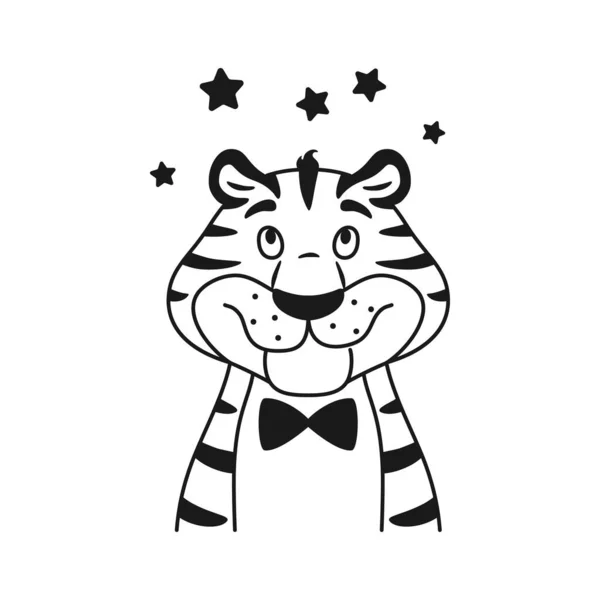 Esquema blanco y negro adorable y sonriente retrato de tigre soñando mirando estrellas sobre su cabeza aisladas sobre fondo blanco. Lindo gato salvaje para colorear página. Dibujo cara animal línea vector ilustración. — Vector de stock