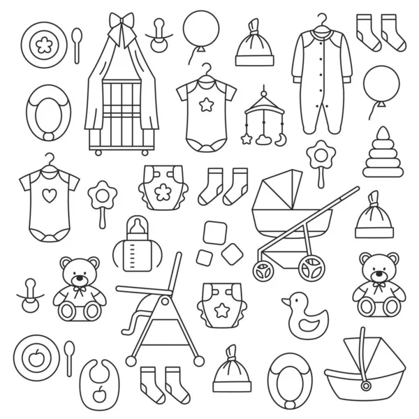 Newborn baby accessories thin line icons set on white background. Kid objects for baby shower card showcase banner flyer design. Cute infant supplies. Outline crib diaper stroller vector illustration. Stockillustration