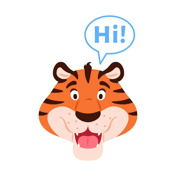 Плоский говорящий улыбающийся тигр говорит Привет лицо изолированы на белом фоне. Милый очаровательный мультяшный привет дикой кошачьей голове. Полосатый апельсин приветствие хищника хищник характер животного векторная иллюстрация. — стоковый вектор