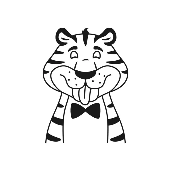 Zwart-wit omtrek plagen stripverhaal tijger hoofd. Tekening voor kinderen printen online. Wilde kat toont tongportret geïsoleerd op witte achtergrond. Gelukkig lachend dier. Lijnvector illustratie. — Stockvector