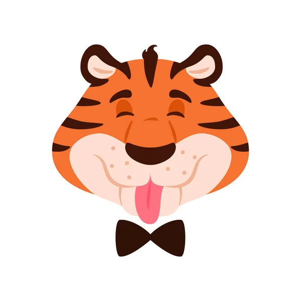 Teasing cheerful cartoon tiger grimace shows tongue face isolated on white background. Happy playful striped flat wildcat head. Adorable orange wild cat Childish animal character vector illustration. —  Vetores de Stock