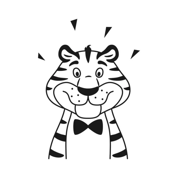 Lindo retrato de tigre de dibujos animados aislado sobre fondo blanco. Esquema blanco y negro feliz carácter sonriente. Dibujo de línea vector ilustración para colorear página para niños. — Vector de stock