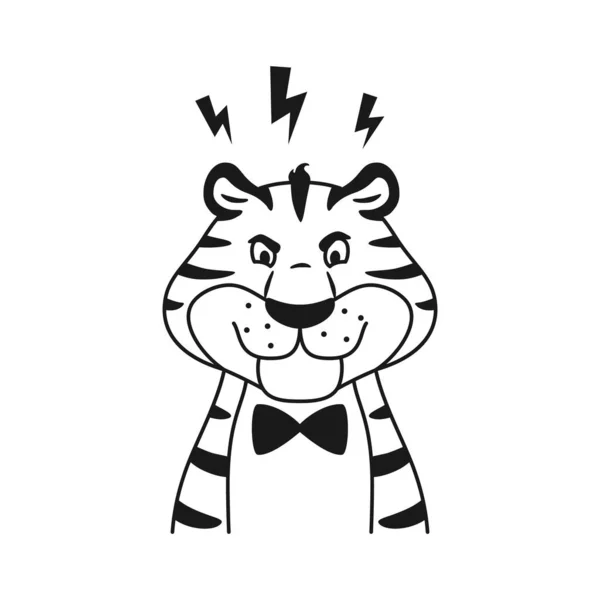 Linda cabeza de tigre de dibujos animados enojado aislado sobre fondo blanco. Esquema blanco y negro disgustado cara de personaje animal para colorear página para niños. Rayas gato salvaje línea vector ilustración. — Vector de stock