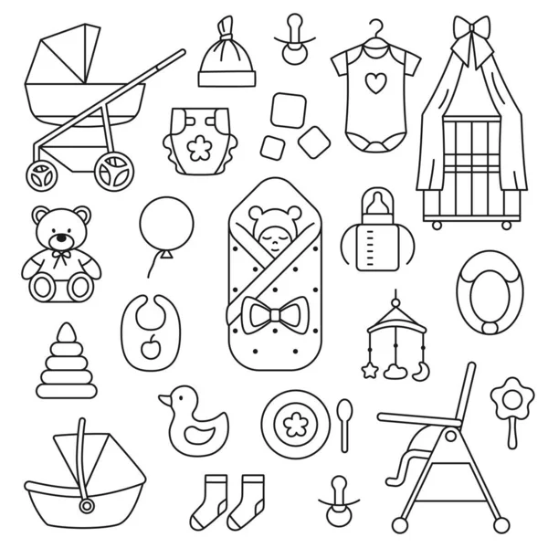 Accesorios para bebés recién nacidos objetos de línea delgada sobre fondo blanco. Iconos de niño para el diseño de volante de página para colorear tarjeta de ducha de bebé. Lindos suministros para bebés. Esquema cuna pañal cochecito vector ilustración. — Vector de stock