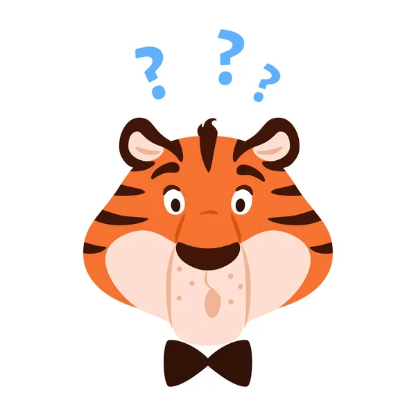 Verrast grappige tijgerkop geïsoleerd op witte achtergrond. Open ogen cartoon gestreepte kleur gelukkig dier karakter met vraagteken. Schattige platte oranje wilde kat vector illustratie. — Stockvector