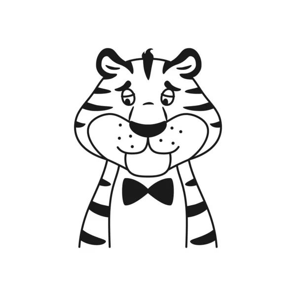 Black and white outline upset striped tiger portrait isolated on white background. Cute unhappy wild cat line coloring page. Sad animal face sketch vector illustration. — стоковый вектор