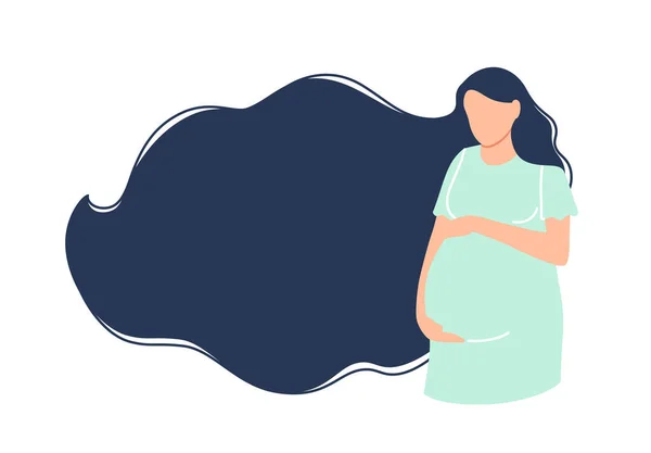 Flat pregnancy background. Beautiful Caucasian pregnant woman hold belly. Young happy expectant girl with long hair waiting for baby birth. Cute mother banner. Parenthood vector illustration. — Vetor de Stock