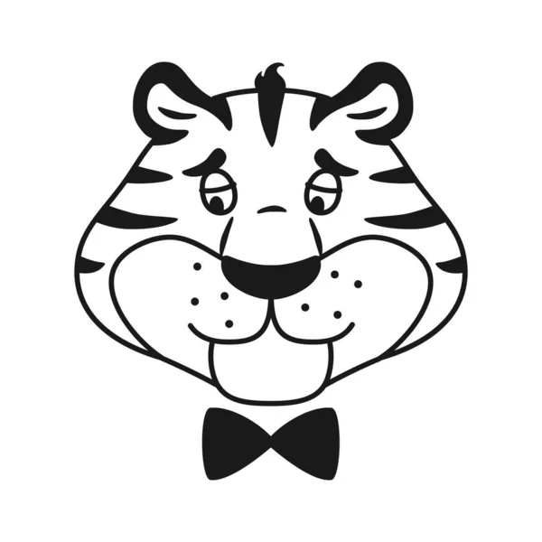 Black and white outline upset striped tiger head isolated on white background. Cute unhappy wild cat line coloring page. Sad animal sketch vector illustration. — стоковый вектор