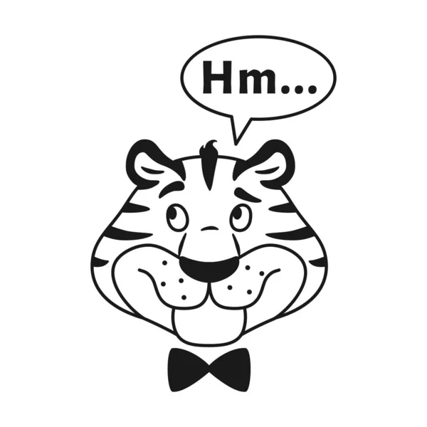 Esquema blanco y negro sonriendo pensando cabeza de tigre rayada aislada en blanco. Lindo divertido línea salvaje gato cara. Personaje animal reflexivo con ilustración de vector de burbuja de habla. — Vector de stock