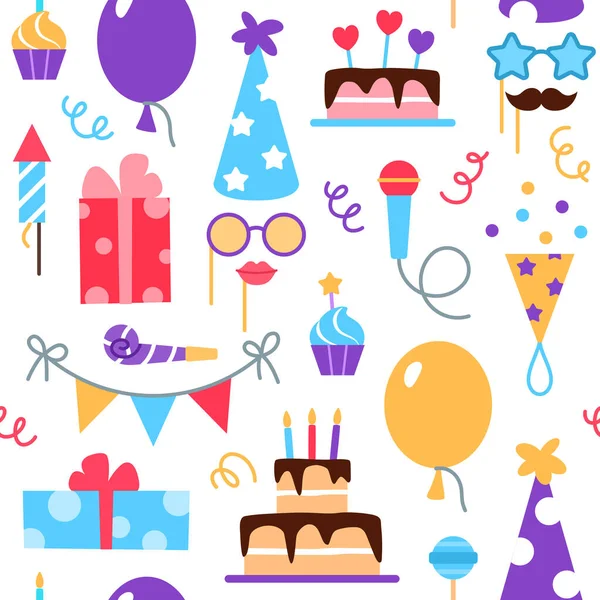 Birthday seamless pattern design. Colorful festive party elements on white background. Balloon cupcake rocket present cake hat mask whistle. Wrapping paper or wallpaper repeat tile vector illustration — 스톡 벡터
