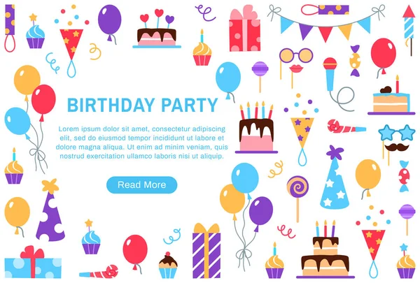 Birthday party web page template with button and text space on white background. Festive party elements balloons cupcakes firecracker gift box cake hat mask lollipop candy. Website vector illustration — Stockvektor