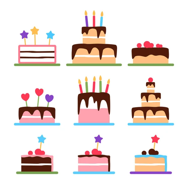 Birthday cakes with candles. Festive colorful flat icons set on white background. Frosted delicious decorated with chocolate cream candy objects design collection. Confectionery vector illustration. — Image vectorielle