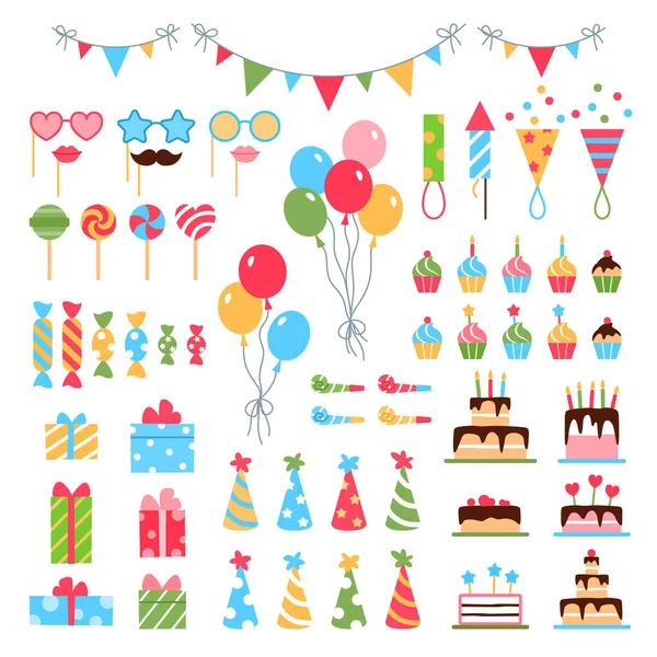 Happy Birthday Color Flat Elements Set Slavnostní Světlé Prázdninové Party — Stockový vektor