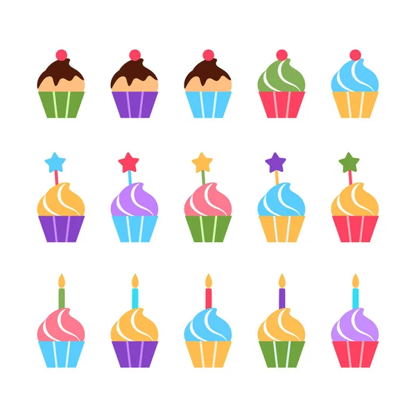 Cupcakes colorés mis sur fond blanc. Plat cuit savoureux muffins maison givrés. Tourbillon gourmet décoré régal avec des bonbons aux bougies. Symbole ou logo pour fête d'anniversaire illustration vectorielle. — Image vectorielle