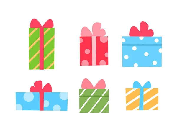 Caja de regalo iconos planos establecidos sobre fondo blanco. Regalo colorido con cinta y lazo. Celebración festiva fiesta cumpleaños elemento de diseño. Moderno paquete de premios mínimos. Ilustración vectorial sorpresa — Vector de stock