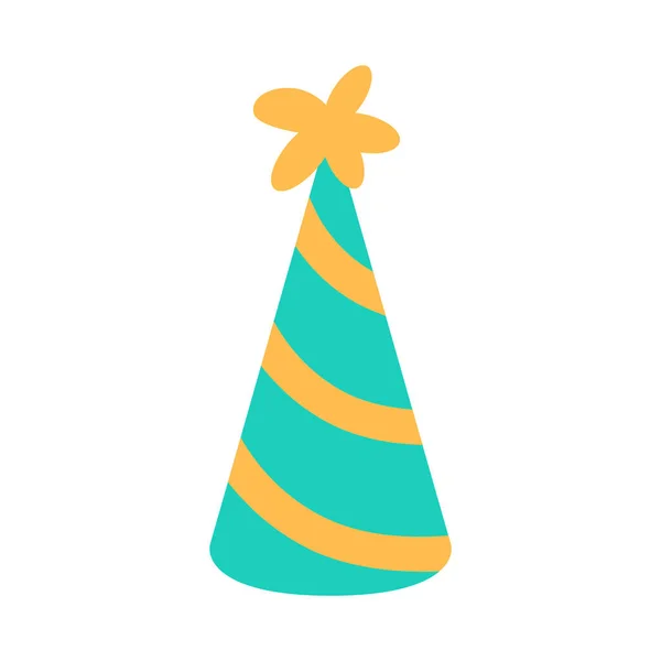 생일 모자의 납작 한 아이콘은 흰색 배경에서 분리되었습니다. 녹색 줄무늬 파티 모자. 축제 행사는 최소한의 요소 디자인을 축하하는 행사다. ( 영어 ) Color fun kid paper object for anniversary vector illustration. — 스톡 벡터
